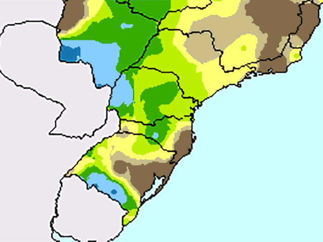 This view of rain in southern Brazil since Jan. 1 shows many brown-colored areas -- indicating less than 50% of average rainfall -- right in the middle of soybean pod-filling. (USDA graphic) 